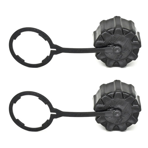 Pack Of 2 Threaded Drain Covers With Tethers For Sprayers, Leakproof Tank Caps, black screw-on design, top view.