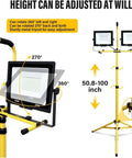 Security Lights Led Flood Light 2X100W 5000K Led Work Light with 100In, showing adjustable height metal tripod and rotating lights.