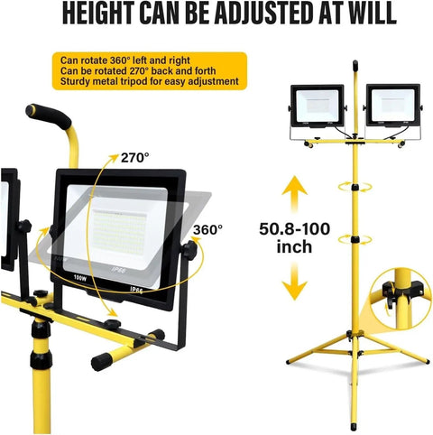 Security Lights Led Flood Light 2X100W 5000K Led Work Light with 100In, showing adjustable height metal tripod and rotating lights.