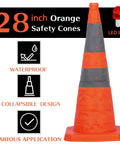 Four Pack 28 Inch Collapsible Traffic Cones With LED Light Reflective Collars shown with features like waterproof design