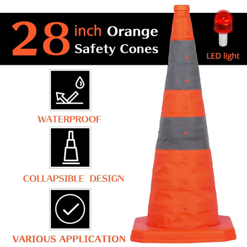 Four Pack 28 Inch Collapsible Traffic Cones With LED Light Reflective Collars shown with features like waterproof design