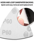 Hook and loop backing on Triangle Sanding Pads Kit For Oscillating Multi Tool 80mm, detail on P60 label and easy removal.