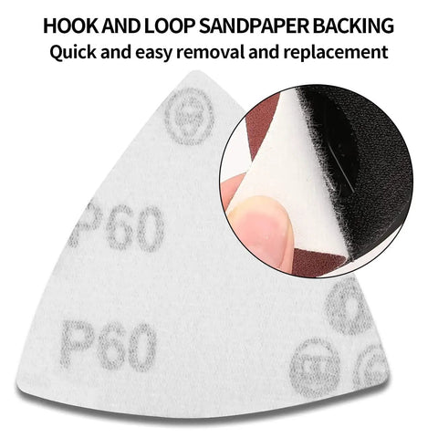 Hook and loop backing on Triangle Sanding Pads Kit For Oscillating Multi Tool 80mm, detail on P60 label and easy removal.