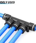 Pneumatic 1/4 Inch Tube OD Five Way Push Lock Union Cross Fittings Set with blue air lines connected
