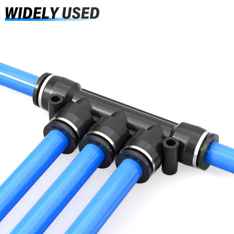 Pneumatic 1/4 Inch Tube OD Five Way Push Lock Union Cross Fittings Set with blue air lines connected