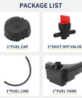 Package list showing fuel cap, shut off valve, fuel line, and fuel tank for Engine Fuel Tank Replacement For 850 Series Engines With Fuel Line And Shut Off Valve Replaces 590477 And 796489 Durable ABS Plastic Gas Tank For Long Lasting Performance Heavy Duty Build