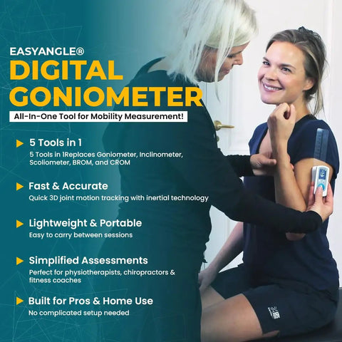 All in One Digital Goniometer for Inclinometer Scoliometer BROM CROM and Easy Joint Mobility Check for Therapists and Sports Rehab Pros at Home and Clinic, used on patient arm