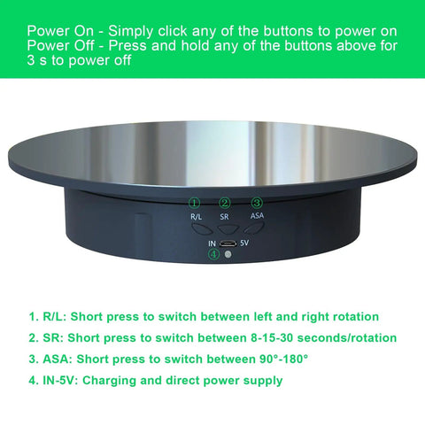 Electric Motorized Rotating Display Stand With 360 Degree Turntable For Product Photography Jewelry Cake And 3D Models That Spins Smoothly Shows Everything From Every Angle Like A Boss At Work control panel view with rotation buttons and USB connection.