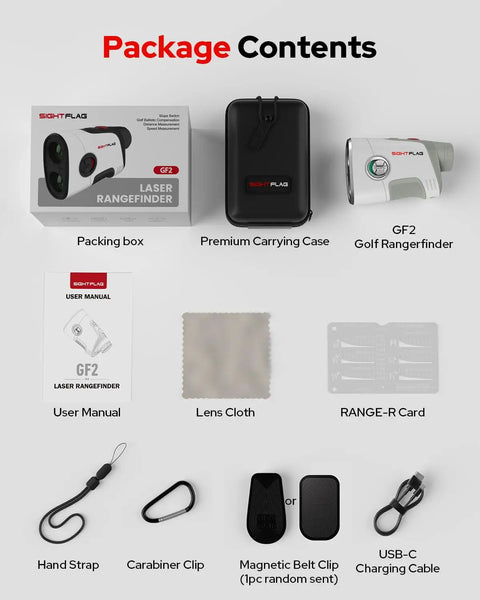 GF2 Golf Rangefinder With Slope And Flag Lock And Vibration 1300 Yards Laser Range Finder 7.5X Magnification 0.3 Yard Accuracy Rechargeable Magnetic Mount Type C Charging Gift For Men And Women package contents with case, manual, cable, strap