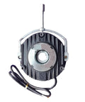 Electromagnetic brake unit with round black housing, central bore, wired, front view