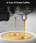 Close-up of 20 Bar Stainless Steel Espresso Machine with LED Display and 1350W Boiler brewing espresso into cup, showing crema.