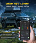 Hella Fast 600W Alternator Charger For Portable Power Stations 12V And 24V Dc DC Output Plug Right Into Your Truck Or Camper showing smart app control on smartphone near vehicle in nature.