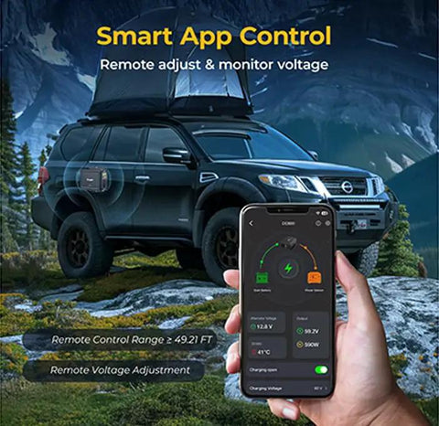 Hella Fast 600W Alternator Charger For Portable Power Stations 12V And 24V Dc DC Output Plug Right Into Your Truck Or Camper showing smart app control on smartphone near vehicle in nature.