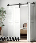 7 Foot Bi Fold Barn Door Hardware Kit For Four Doors Track System Fits Door Openings Up To Eighty Inches With Smooth Quiet Glide And Easy To Install Side Mounted Hanger Door Not Included Space Saving Design installed in a living room setting