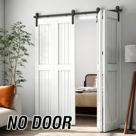 7 Foot Bi Fold Barn Door Hardware Kit For Four Doors Track System Fits Door Openings Up To Eighty Inches With Smooth Quiet Glide And Easy To Install Side Mounted Hanger Door Not Included Space Saving Design installed in a living room setting