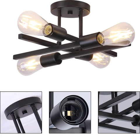 Dope Black Semi Flush Mount Ceiling Light Fixture 2 Pack Modern 4 Light Sputnik Chandelier with industrial design close-up