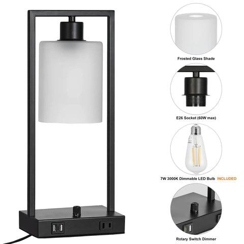 Industrial Table Lamp Set Of 2 Dimmable Nightstand Lamps With USB Ports And AC Outlet, Matte Black Finish With Frosted Glass Shade