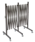 Straight Up Heavy Duty Expandable Metal Barrier On Wheels, Adjustable Retractable Safety Fence For Crowd Control, Rolling Traffic Gate With Locking Casters, Foldable Industrial Yard Barrier, Coffee Brown image showing the barrier expanded with locking casters.