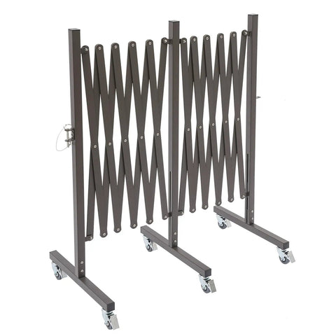 Straight Up Heavy Duty Expandable Metal Barrier On Wheels, Adjustable Retractable Safety Fence For Crowd Control, Rolling Traffic Gate With Locking Casters, Foldable Industrial Yard Barrier, Coffee Brown image showing the barrier expanded with locking casters.