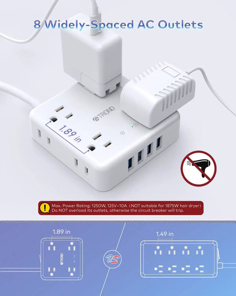 12 In 1 Power Strip Surge Protector With USB Ports And Eight Widely Spaced Outlets 1440 Joules 6 Foot Extension Cord in use