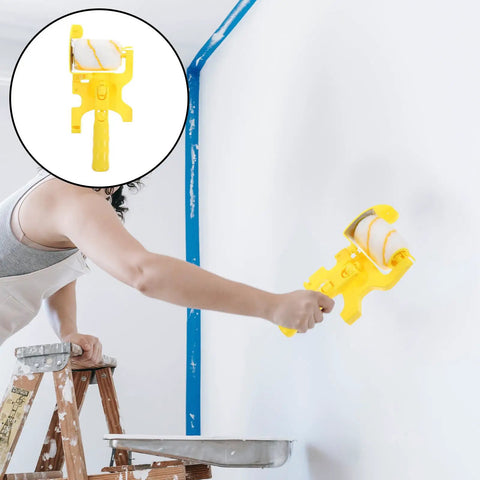 No Sweat Paint Edger Roller Brush Kit With Heavy Duty Pole For Flawless Trim Cutting In And Tape Free Wall Painting Jobs That Truly Nail The Finish Every Single Time in use on a ladder.