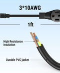 3*10AWG 1ft adapter cord with high resistance insulation and durable PVC jacket, part of Make Sure Your Daily Grind Is Set With This Rugged NEMA 5-15P To 14-50R Adapter Cord That Locks Securely Into Any Standard 40 Amp Wall Socket For Quick Level One EV Juice Top Ups Anytime Without The Stress.