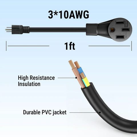 3*10AWG 1ft adapter cord with high resistance insulation and durable PVC jacket, part of Make Sure Your Daily Grind Is Set With This Rugged NEMA 5-15P To 14-50R Adapter Cord That Locks Securely Into Any Standard 40 Amp Wall Socket For Quick Level One EV Juice Top Ups Anytime Without The Stress.