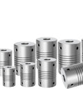 Heavy Duty Aluminum Elastic Shaft Coupler Connector For Motor Drive Systems With 6 To 10mm Bore Sizes, various sizes displayed.