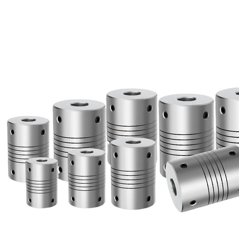 Heavy Duty Aluminum Elastic Shaft Coupler Connector For Motor Drive Systems With 6 To 10mm Bore Sizes, various sizes displayed.