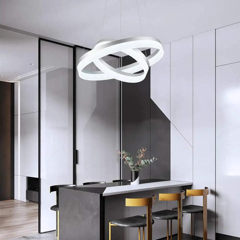 Modern kitchen dining area with Two Ring LED Pendant Light With Adjustable Wires Dimmable Chandelier For Your Living Room Bedroom Kitchen Island And Dining Area 6000K Cool White Modern Silver Finish Dope Energy Saving Long Lifespan.