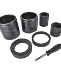 Leaf Spring Pin And Bushing Adapter Service Kit 9 Piece Removal Tool Set For Heavy Duty Trucks And Equipment Includes Spacer Tube Cylinder Adapter Push Pull Adapters Tube Caps Adapter Pins And Socket, black metal parts