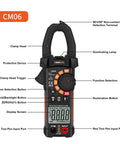 Front view of True RMS 6000 Counts Digital Clamp Meter Multimeter with labeled features and HD screen.