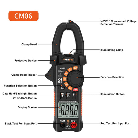 Front view of True RMS 6000 Counts Digital Clamp Meter Multimeter with labeled features and HD screen.