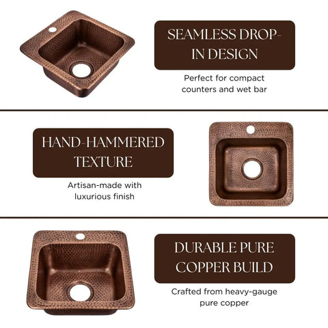 15-Inch Baxter Drop-In Pure Copper Bar Sink With Hand-Hammered Finish, single bowl, seamless design, shown with descriptions.