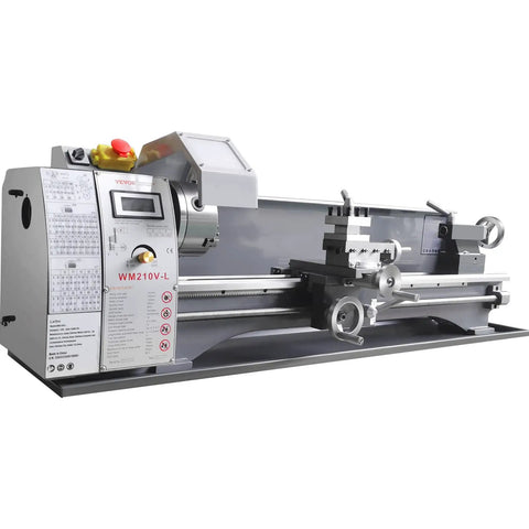 Premium Benchtop Metal Lathe With A Beefy 750W Brushless Motor And Cruising 0 To 2500 RPM Variable Speed on a workbench.