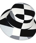 Fire Black And White Piano Grid Print Bucket Hat With Double Sided Reflective Trim Unisex Lightweight Polyester Sun Shield Cap For Summer Vibes And Travel, top view.