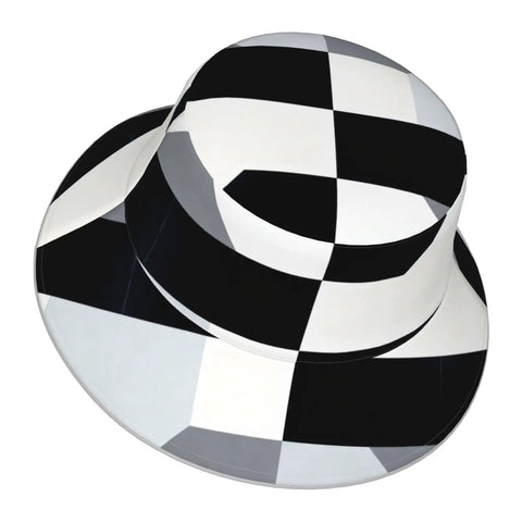 Fire Black And White Piano Grid Print Bucket Hat With Double Sided Reflective Trim Unisex Lightweight Polyester Sun Shield Cap For Summer Vibes And Travel, top view.