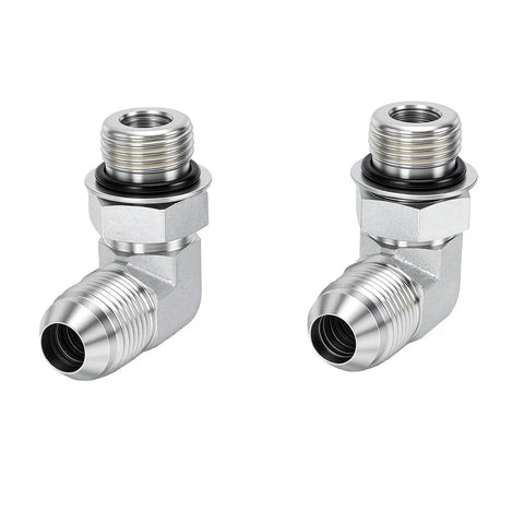 One Half Inch 37 Degree Flare Male To SAE ORB 90 Degree Elbow Connector with two angles