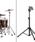 Electronic Drum Stand With Plate Mount Holder, Heavy Duty Metal Construction, Adjustable Height, Black next to drum set.