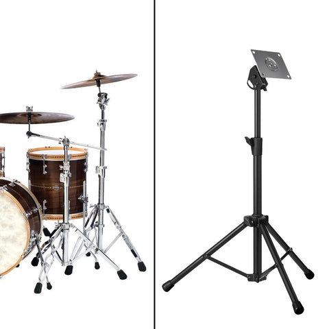 Electronic Drum Stand With Plate Mount Holder, Heavy Duty Metal Construction, Compact Design, Adjustable Height From 52cm To 85cm, Gig Ready For Electronic Drum Modules And Multi Pad Setups, Black next to drum set