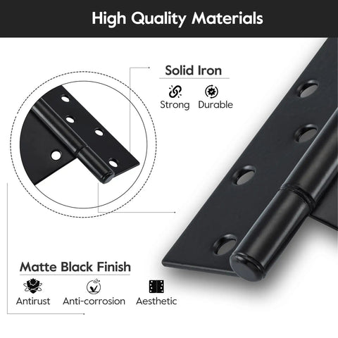 Close-up of Badass 10 Inch Heavy Duty Gate Hinges 2 Pack Wrought Iron T Straps, solid iron, matte black finish, and strong design.