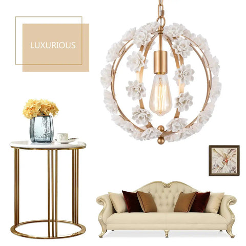 Gold Pendant Light Fixture With Adjustable Chain For Girl Room, Nursery And Bedroom, Totally Elegant White Flower Chandelier