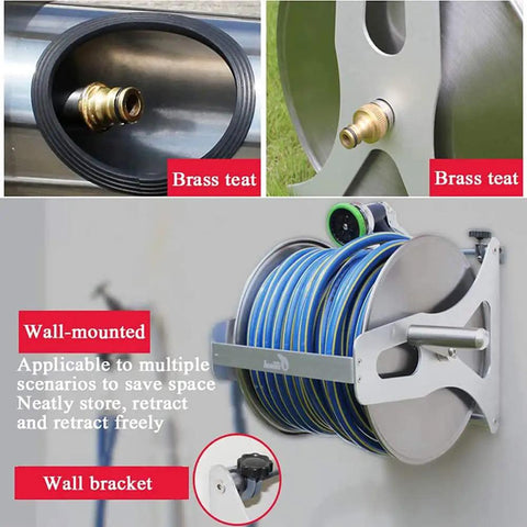Beast Mode Stainless Steel Garden Hose Reel Kit with brass teat, wall-mounted design, holding hoses neatly for yard projects.