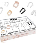 70 Piece Fuel Line Clips Kit With 7 Size Variations For 3/8 And 5/16 Inch Lines, Injector Connectors And Hose Retainers, Compatible With Ford GM Chrysler Vehicles And More, displayed with a clear plastic case and clips