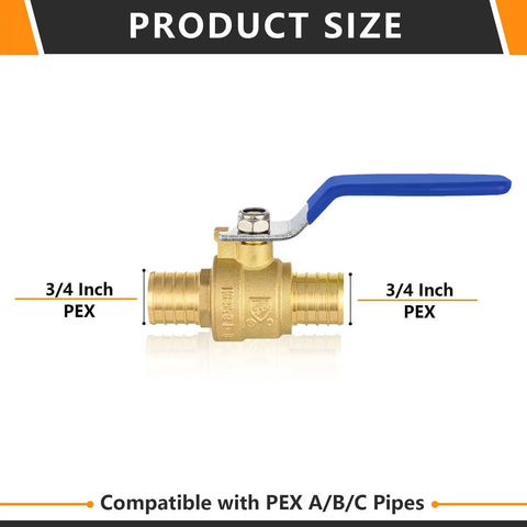 Three Quarter Inch Brass PEX Ball Valve With Quarter Turn Shutoff Lead Free NSF ANSI 61 And ASTM F1807 Certified Works With Copper Crimp Rings And Stainless Clamp Systems Durable Home Plumbing Valve, 3/4 Inch PEX