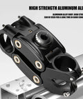 Adjustable Suspension Handlebar Stem For MTB BMX And Road Bikes, 7 Degree Rise, black aluminum body, close-up of mechanism.