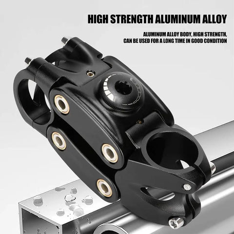 Adjustable Suspension Handlebar Stem For MTB BMX And Road Bikes, 7 Degree Rise, black aluminum body, close-up of mechanism.
