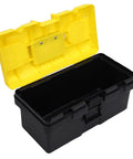 Open 13 Inch Plastic Toolbox with Secure Locking Latch Ergonomic Handle Detachable Tray and Padlock Ready Design in black and yellow