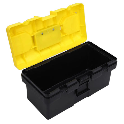 Open 13 Inch Plastic Toolbox with Secure Locking Latch Ergonomic Handle Detachable Tray and Padlock Ready Design in black and yellow