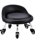 Low Profile Rolling Stool On Wheels With Back Rest And Leather Cushion 360 Degree Swivel Compact Round Seat